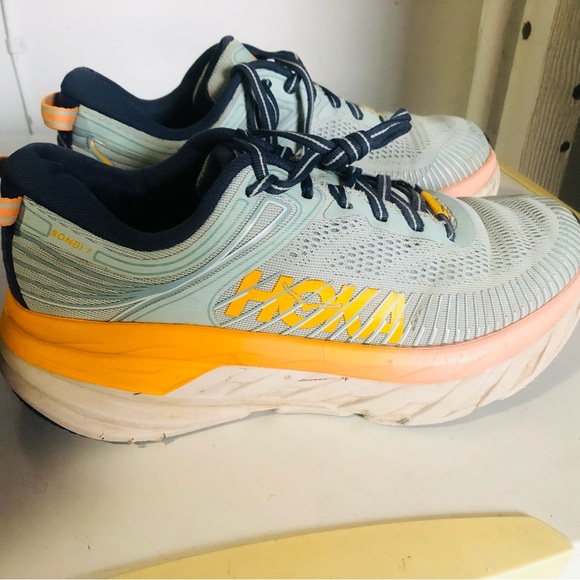 Hoka Shoes - Hoka Women’s Bondi 8 Sneakers in Pale Blue with Yellow and Coral Accents